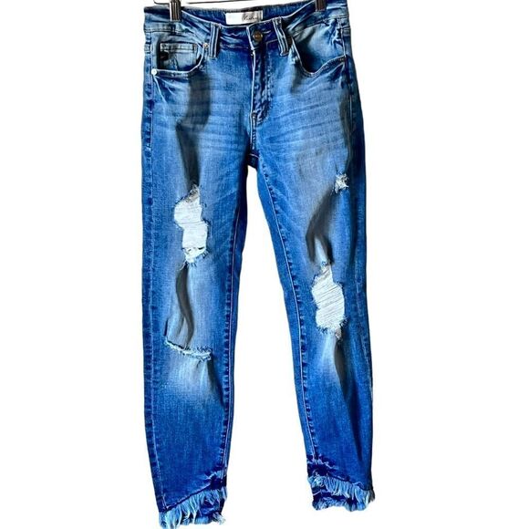 KANCAN DESTROYED DOUBLE FRAYED HEM DENIM SKINNY JEANS - Picture 16 of 16